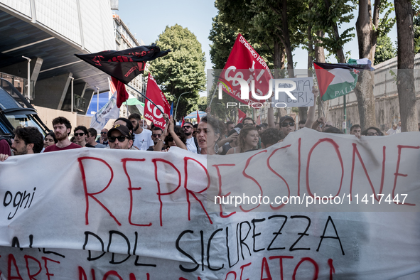 A moment of the demonstration outside the RAI headquarters in Naples, Italy, on July 18, 2024, is happening in response to the complaints ab...