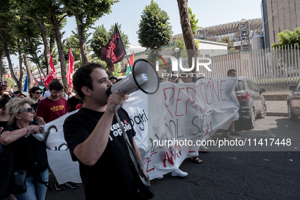 A moment of the demonstration outside the RAI headquarters in Naples, Italy, on July 18, 2024, is happening in response to the complaints ab...