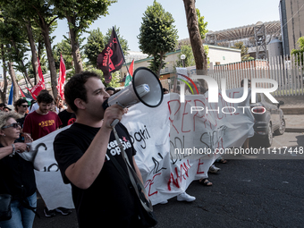 A moment of the demonstration outside the RAI headquarters in Naples, Italy, on July 18, 2024, is happening in response to the complaints ab...