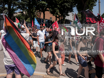 A moment of the demonstration outside the RAI headquarters in Naples, Italy, on July 18, 2024, is happening in response to the complaints ab...