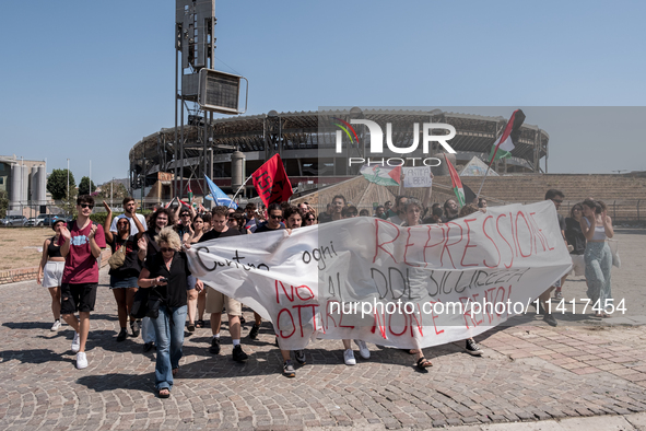 A moment of the demonstration outside the RAI headquarters in Naples, Italy, on July 18, 2024, is happening in response to the complaints ab...