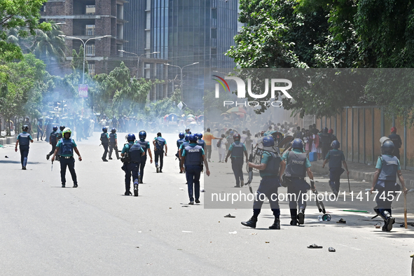 Students are clashing with the police during an ongoing anti-quota protest in Dhaka, Bangladesh, on July 18, 2024. 