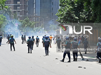 Students are clashing with the police during an ongoing anti-quota protest in Dhaka, Bangladesh, on July 18, 2024. (