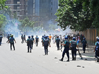 Students are clashing with the police during an ongoing anti-quota protest in Dhaka, Bangladesh, on July 18, 2024. (