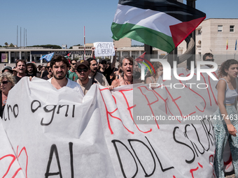 A moment of the demonstration outside the RAI headquarters in Naples, Italy, on July 18, 2024, is happening in response to the complaints ab...