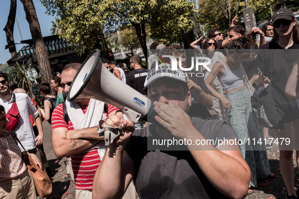 A moment of the demonstration outside the RAI headquarters in Naples, Italy, on July 18, 2024, is happening in response to the complaints ab...