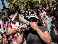 A moment of the demonstration outside the RAI headquarters in Naples, Italy, on July 18, 2024, is happening in response to the complaints ab...