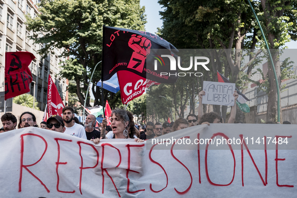 A moment of the demonstration outside the RAI headquarters in Naples, Italy, on July 18, 2024, is happening in response to the complaints ab...