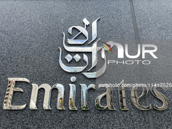 The Emirates logo is appearing on the side of a building in Toronto, Ontario, Canada, on July 17, 2024. (