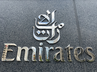 The Emirates logo is appearing on the side of a building in Toronto, Ontario, Canada, on July 17, 2024. (