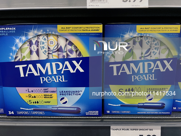 Tampex brand tampons are being displayed at a shop in Toronto, Ontario, Canada, on July 17, 2024. 