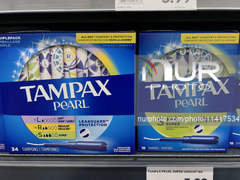 Tampex brand tampons are being displayed at a shop in Toronto, Ontario, Canada, on July 17, 2024. (