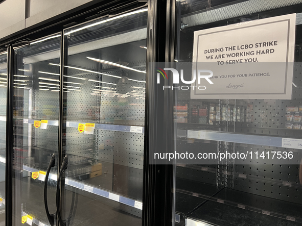 Empty shelves that are usually containing alcoholic drinks at a grocery store during the LCBO (Liquor Control Board of Ontario) strike in To...