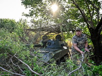 Andrii, a commander of an artillery crew of the 24th King Danylo Separate Mechanized Brigade, is carrying out a combat mission near Chasiv Y...