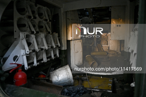 The cabin of a 122-mm howitzer D-30 is being pictured during a combat mission near Chasiv Yar, Bakhmut district, in Donetsk region, Ukraine,...