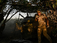 Andrii, a commander of an artillery crew of the 24th King Danylo Separate Mechanized Brigade, is carrying out a combat mission near Chasiv Y...