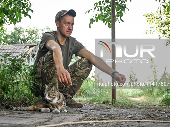 A serviceman of the 24th King Danylo Separate Mechanized Brigade, who goes by the call sign of Myron, is petting a cat at combat positions n...