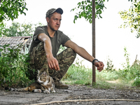 A serviceman of the 24th King Danylo Separate Mechanized Brigade, who goes by the call sign of Myron, is petting a cat at combat positions n...