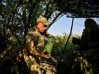 Andrii, a commander of an artillery crew of the 24th King Danylo Separate Mechanized Brigade, is carrying out a combat mission near Chasiv Y...