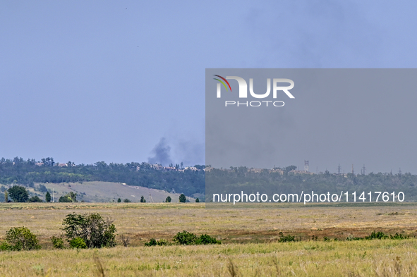 Smoke is rising over the horizon in Bakhmut district, Donetsk region, eastern Ukraine, on July 14, 2024. NO USE RUSSIA. NO USE BELARUS. 