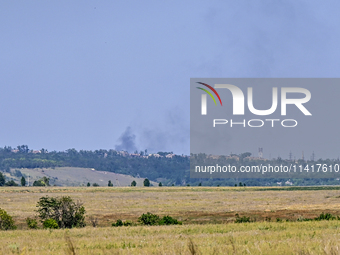 Smoke is rising over the horizon in Bakhmut district, Donetsk region, eastern Ukraine, on July 14, 2024. NO USE RUSSIA. NO USE BELARUS. (