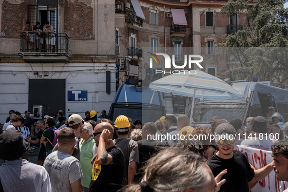 A moment of the demonstration organized by the social movements and networks of the Bagnoli neighborhood in Naples, Italy, on July 15, 2024,...