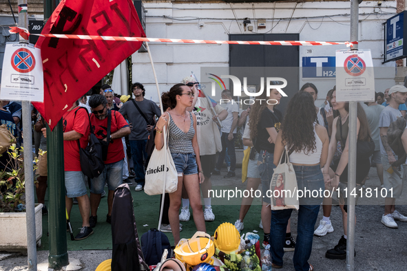 A moment of the demonstration organized by the social movements and networks of the Bagnoli neighborhood in Naples, Italy, on July 15, 2024,...