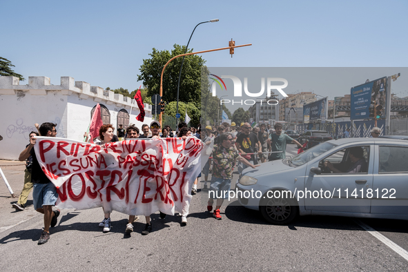 A moment of the demonstration organized by the social movements and networks of the Bagnoli neighborhood in Naples, Italy, on July 15, 2024,...