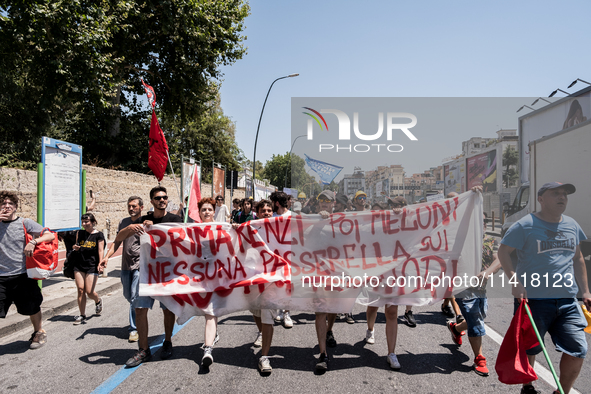 A moment of the demonstration organized by the social movements and networks of the Bagnoli neighborhood in Naples, Italy, on July 15, 2024,...