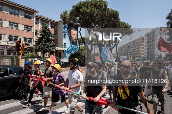 A moment of the demonstration organized by the social movements and networks of the Bagnoli neighborhood in Naples, Italy, on July 15, 2024,...