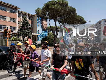 A moment of the demonstration organized by the social movements and networks of the Bagnoli neighborhood in Naples, Italy, on July 15, 2024,...