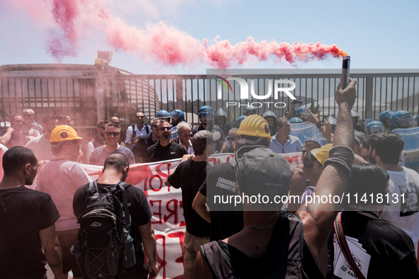 A moment of the demonstration organized by the social movements and networks of the Bagnoli neighborhood in Naples, Italy, on July 15, 2024,...