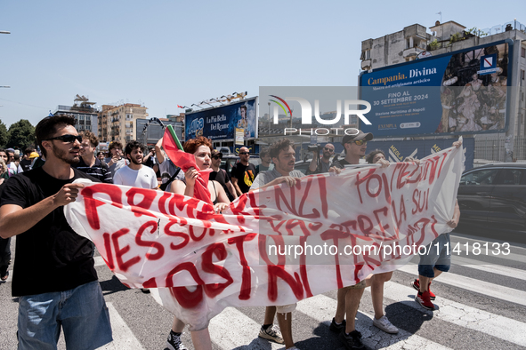 A moment of the demonstration organized by the social movements and networks of the Bagnoli neighborhood in Naples, Italy, on July 15, 2024,...