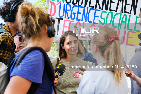 The general secretary of the CGT, Sophie Binet, is addressing some unions who are calling for a strike during the Olympic Games, in Paris, F...