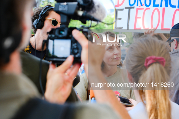 The general secretary of the CGT, Sophie Binet, is standing in front of journalists, in Paris, France, on July 18, 2024. (Photoby Vincent Ko...