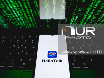 The HelloTalk logo is being displayed on a smartphone screen in Athens, Greece, on July 19, 2024. (