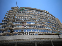 A view of a damaged building in the area of an explosion as Israeli policemen are searching the scene in Tel Aviv, Israel, on July 19, 2024....