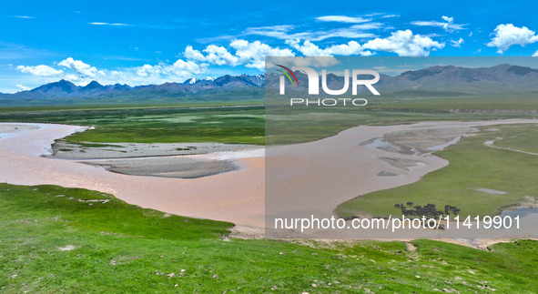 Reddish-brown water is meandering through a channel on the Tibetan Plateau in the upper reaches of Heihe River, China's second largest inlan...