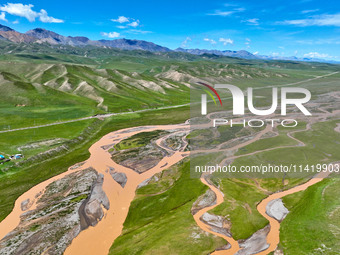 Reddish-brown water is meandering through a channel on the Tibetan Plateau in the upper reaches of Heihe River, China's second largest inlan...