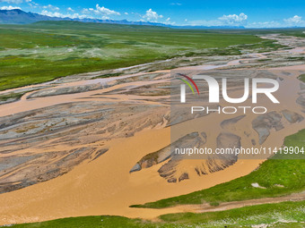 Reddish-brown water is meandering through a channel on the Tibetan Plateau in the upper reaches of Heihe River, China's second largest inlan...