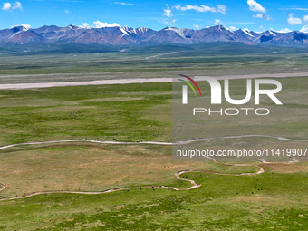 Reddish-brown water is meandering through a channel on the Tibetan Plateau in the upper reaches of Heihe River, China's second largest inlan...