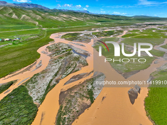 Reddish-brown water is meandering through a channel on the Tibetan Plateau in the upper reaches of Heihe River, China's second largest inlan...