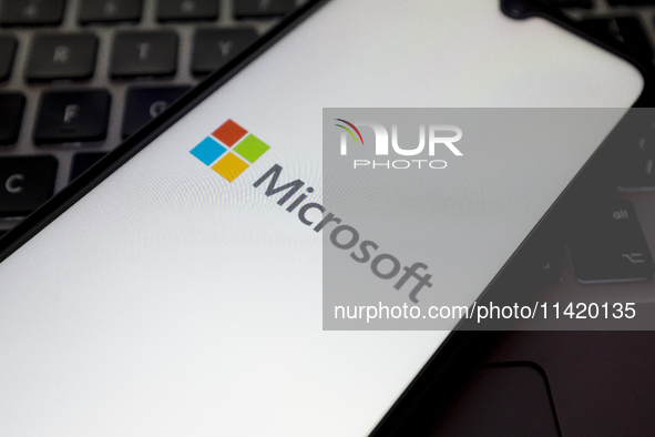 The Microsoft logo is being displayed on a smartphone screen in Athens, Greece, on July 19, 2024. 