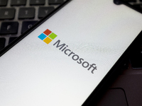 The Microsoft logo is being displayed on a smartphone screen in Athens, Greece, on July 19, 2024. (