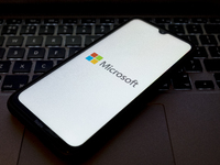 The Microsoft logo is being displayed on a smartphone screen in Athens, Greece, on July 19, 2024. (