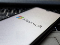 The Microsoft logo is being displayed on a smartphone screen in Athens, Greece, on July 19, 2024. (