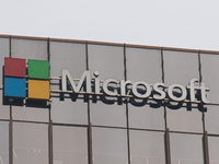 A signage of Microsoft is being seen outside its office building in Gurugram, in the outskirts of New Delhi, India, on July 19, 2024. Airlin...