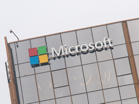 A signage of Microsoft is being seen outside its office building in Gurugram, in the outskirts of New Delhi, India, on July 19, 2024. Airlin...