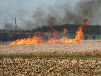 French Gendarmerie vehicles are stationing near a wildfire started by a launched tear gas canister during a march as part of a rally against...