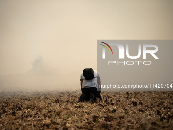 A protester is sitting in front of a wildfire started by a launched tear gas canister during a march as part of a rally against the construc...